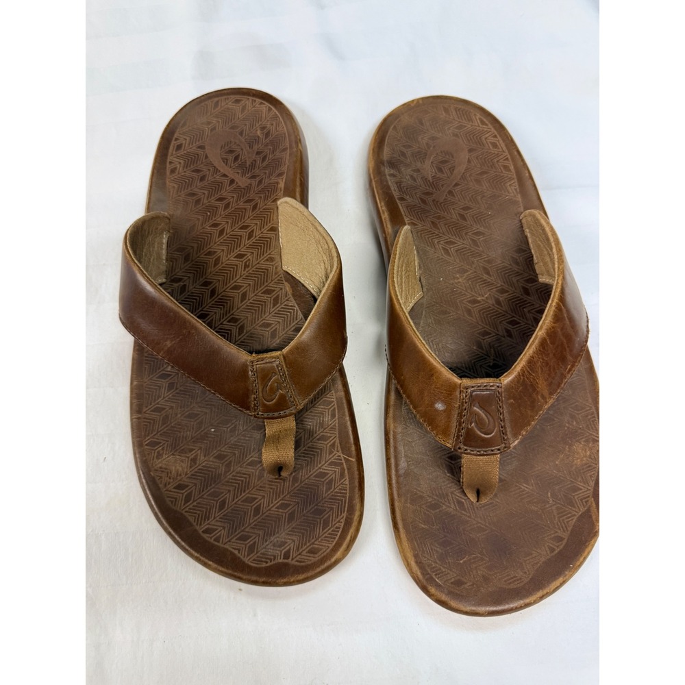 Olukai Ilikai Mens Brown Leather Flip Flop Sandals Resort Coastal Luxury 10